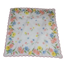 VTG Pink Yellow Daisy Bouquet Boho Mod Floral Handkerchief Scalloped Edges 12”  - $16.35