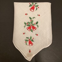 VINTAGE HANKY Handkerchief Christmas Bells Embroidered 10.5” X 10.5” Linen - £7.12 GBP