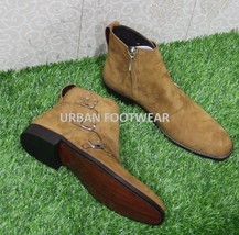 New Mens Handmade Formal Camel Suede Leather Side Zipper Triple Monk Ankle  - £115.07 GBP