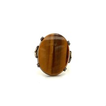 Vintage Signed 12k Gold Filled Oval Cabochon Tiger&#39;s Eye Stone Ring Band size 5 - £31.75 GBP