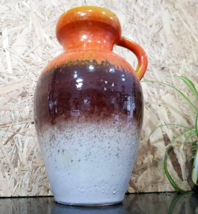ITALIAN Lava Glazed JUG Pottery Pitcher Vase 17x25cm ORANGE BROWN CREAM MCM - £42.88 GBP
