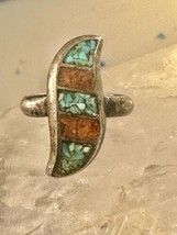 Zuni ring turquoise coral chips band size 5.50 sterling silver women - £29.52 GBP