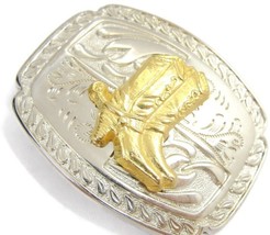 Kids Small Gold Tone Pair Cowboy Boots On Western Silver Tone Belt Buckle - £38.93 GBP
