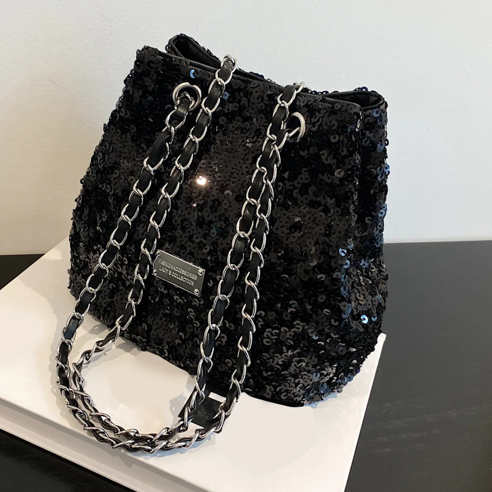 New Sequin Bucket Cylinder Phone Bag Satchels Women Fashion Chain Decor Hangbag  - £51.52 GBP