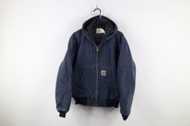 Vtg 90s Carhartt Mens Medium Distressed Quilted Canvas Hooded Jacket Blue USA - $316.75