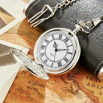 Antique Silver Roman Numerals Quartz Pocket Watch Pendant Necklace Men&#39;s Women&#39;s - £75.91 GBP