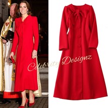 Kate Middleton Inspired Red Maxi Coat Dress w Dramatic Bow Tie Collar OZ... - $159.99