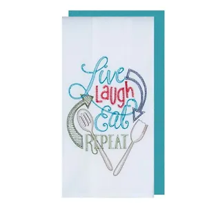 New 2 Piece Set Live Laugh Eat Repeat Embroidered Flour Sack &amp;Turquoise Waffle T - £10.53 GBP