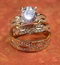 His Hers Men &amp; Womens Diamond Rings Set Wedding Bridal 14K Yellow Gold Fn Trio - £129.41 GBP