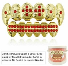 14K Gold Plated Mouth Teeth Grillz Set Vampire Fangs Red Stones + Molds USA New - £9.47 GBP