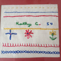 Vintage 1954 Mid Century Handmade Childs Colorful First Embroidery Sampler - $59.99