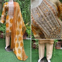 Pakistani Beige Printed Straight Shirt 3-PCS Lawn Suit w/ Threadwork ,L#2 - $925.35 MXN