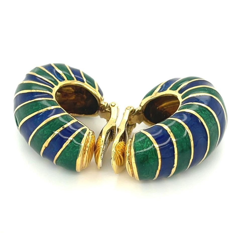 David Webb 18k Yellow Gold Blue and Green Enamel Huggie Earrings Gorgeous! Item image 8