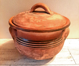 Raku Clay Pottery Lidded Pot Vase Signed Brown Handles Brutalist Crude - £36.93 GBP
