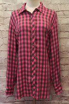 TALBOTS Woman Fuchsia Pink Brown Plaid Check Button Up Blouse Rayon - Size X - £18.87 GBP