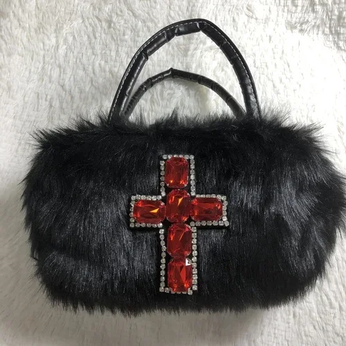 Xiuya Y2k Gothic Handbag Soft Plush Black Cross Applique Shoulder Bag Fa... - $25.19