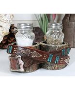 Rustic Western Cowboy Faux Leather Belt On Wood Salt Pepper Shakers Holder - $492.62 MXN