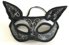 Halloween Cat Eye Masquerade Half Face Mask Black Silver Glitter Kitty Costume - £17.75 GBP