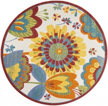8&#39; Round Yellow And Ivory Round Floral Indoor Outdoor Area Rug - £240.43 GBP