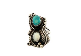 Vintage Sterling Silver Native American Navajo Turquoise MOP Feather Ring 4 3/4 - £49.78 GBP