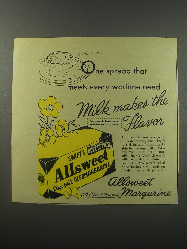 1943 Swift's Allsweet Margarine Ad - One spread that meets every wartime need  - $18.49