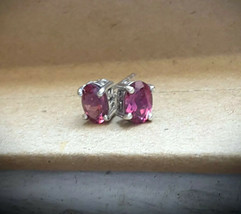 NEW 6x4mm Natural Raspberry Pink Garnet Solitaire Scroll Stud Earrings, Platinum - £46.39 GBP