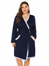 Womens Plus Size Spa Bathrobe Long Soft Kimono Robe Loungewear Navy - $49.95