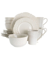 Elama Luna 16 Piece Embossed Scalloped Stoneware Dinnerware Set In White - £144.54 GBP