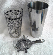 Vintage Glass Steel Cocktail Drink Shaker Strainer Retro Man Cave Black Writing - £22.90 GBP