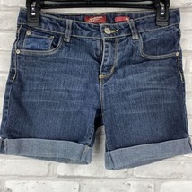 Arizona Girl&#39;s Dark Wash Midi Jean Shorts Size 14R Adjustable Waist Cuffed Hem - £12.70 GBP