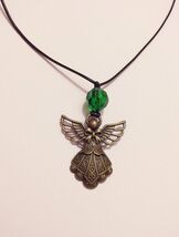 Angel necklace bronze leather necklace Victorian green filigree necklace... - $47.88 CAD