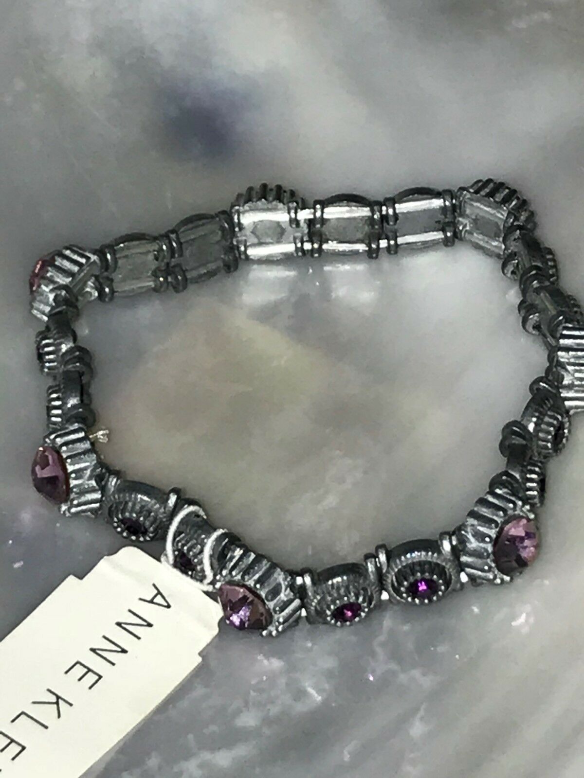 Estate Anne Klein Pink & Purple Rhinestone Pewter Squares Stretch Bracelet – wil - £9.74 GBP