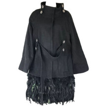 TOV LOS ANGELES PEACOCK &amp; OSTRICH TRIM Feathered Wool Blend Coat BLACK - $128.69