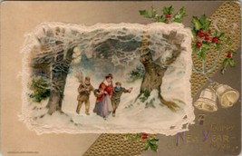 New Years John Winsch Family Snow Flock Night Scene 1912 Embossed Postcard V4 - £6.24 GBP