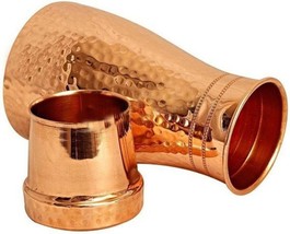Ayurveda Pure Copper Water Bedroom Bottle Jar Bedside Carafe Hammered Finish  - £19.51 GBP