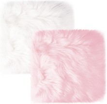 2Pack 12’’ Small Faux Fur Cushion Fluffy Plush Area Rug,, Square, White + Pink - £28.46 GBP