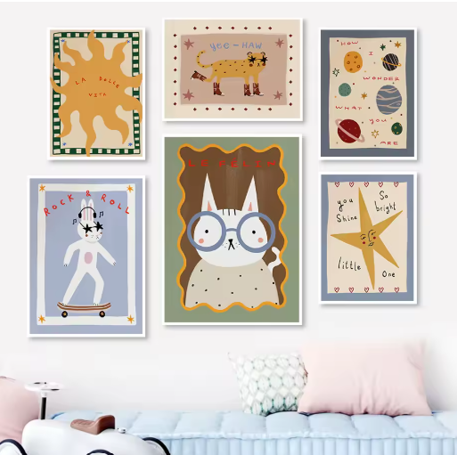 Digital 6 Poster Art Kids Room Modern illustration Colorful Design Wall ... - $15.00