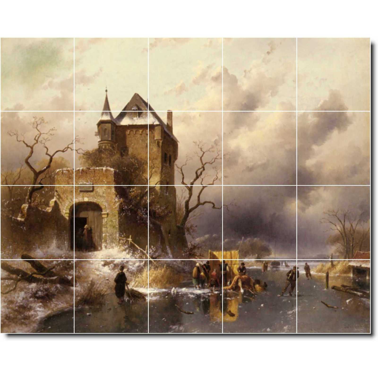 Leickert charles skaters on a frozen lake by the ruins of a castle