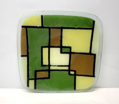 Peggy Karr Grid Square Plate Fused Glass Modern Geometric Design Brown Green 8&quot; - £27.95 GBP