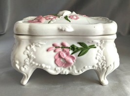 Vintage Signed, Painted Porcelain Footed Trinket Box (Ivory, Pink Floral Relief) - £23.39 GBP