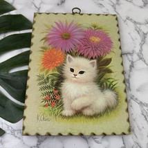 Vintage 70s Cat Wall Art Decor Wood Mounted Pink Green Floral Cottage Ki... - €26,03 EUR