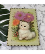 Vintage 70s Cat Wall Art Decor Wood Mounted Pink Green Floral Cottage Ki... - €25,48 EUR