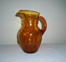 Amber Crackle Glass Pitcher Hand Blow West Virginia Vintage 1970s - £23.35 GBP