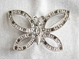 Elegant Faux Marcasite Silver-tone Butterfly Brooch 1990s vintage - £10.35 GBP
