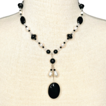 Faux Pearl Acrylic Beaded Necklace Black White Y- Shaped Sterling Clasp 17” - £11.06 GBP