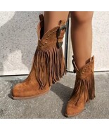 Fringed Brown Faux Suede Leather Pointed Toe Block Heel Ankle Cowgirl Boots - $102.95