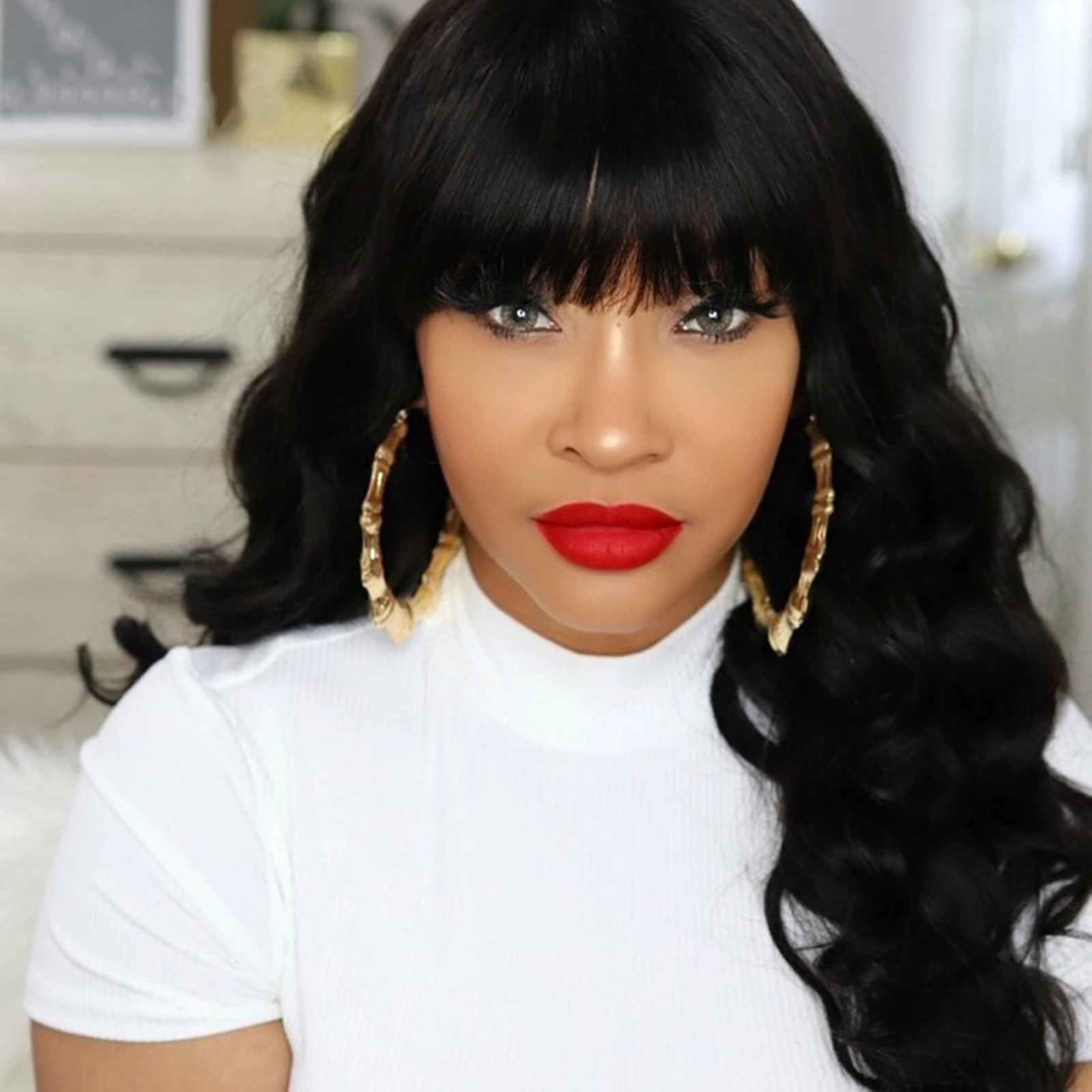 Loose Deep Wave Wigs With Bangs Body Wavy Human Hair Wigs For Black Women 15 - £47.22 GBP+