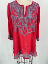Gretchen Scott Sheer Tunic Top Sz S Coral Pink Blue Embroidered Vacation Resort - £23.55 GBP