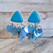 Vintage Clip On Earrings Extra Large Bright Blue Dangle Statement - £11.96 GBP