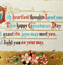 Merry Christmas 1910s Greeting Postcard Embossed Gold Border Bells Holly... - £15.66 GBP